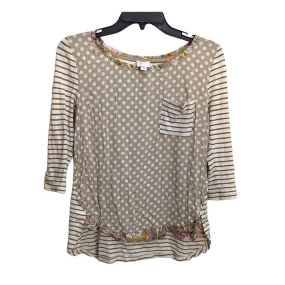 ANTHROPOLOGIE Postmark Womens Tan Polka Dot & Striped Top Blouse Size S